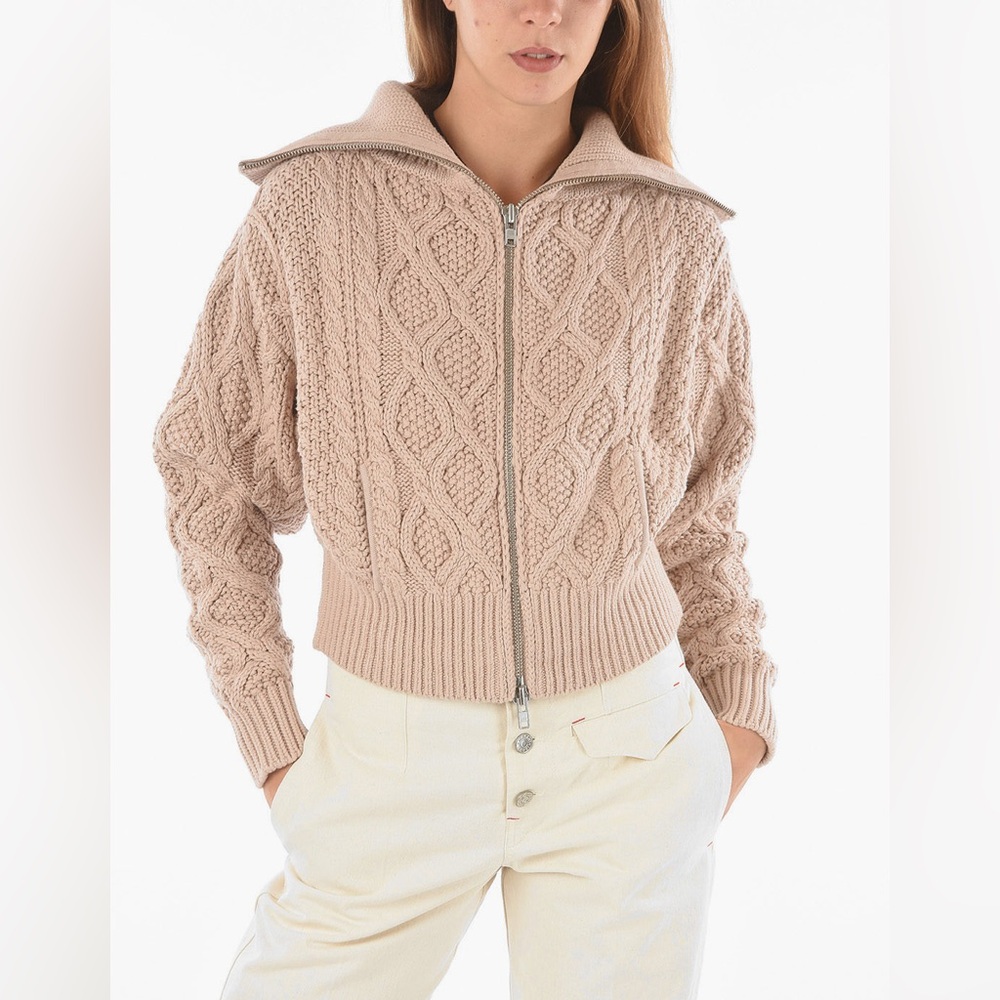 SELF-PORTRAIT
TURTLENECK ZIPPED ARAN COTTON BLEND CARDIGAN SZ Small